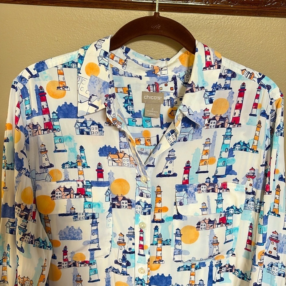 Chico's lighthouse motif button down modal blend shirt long sleeves pockets Lrg